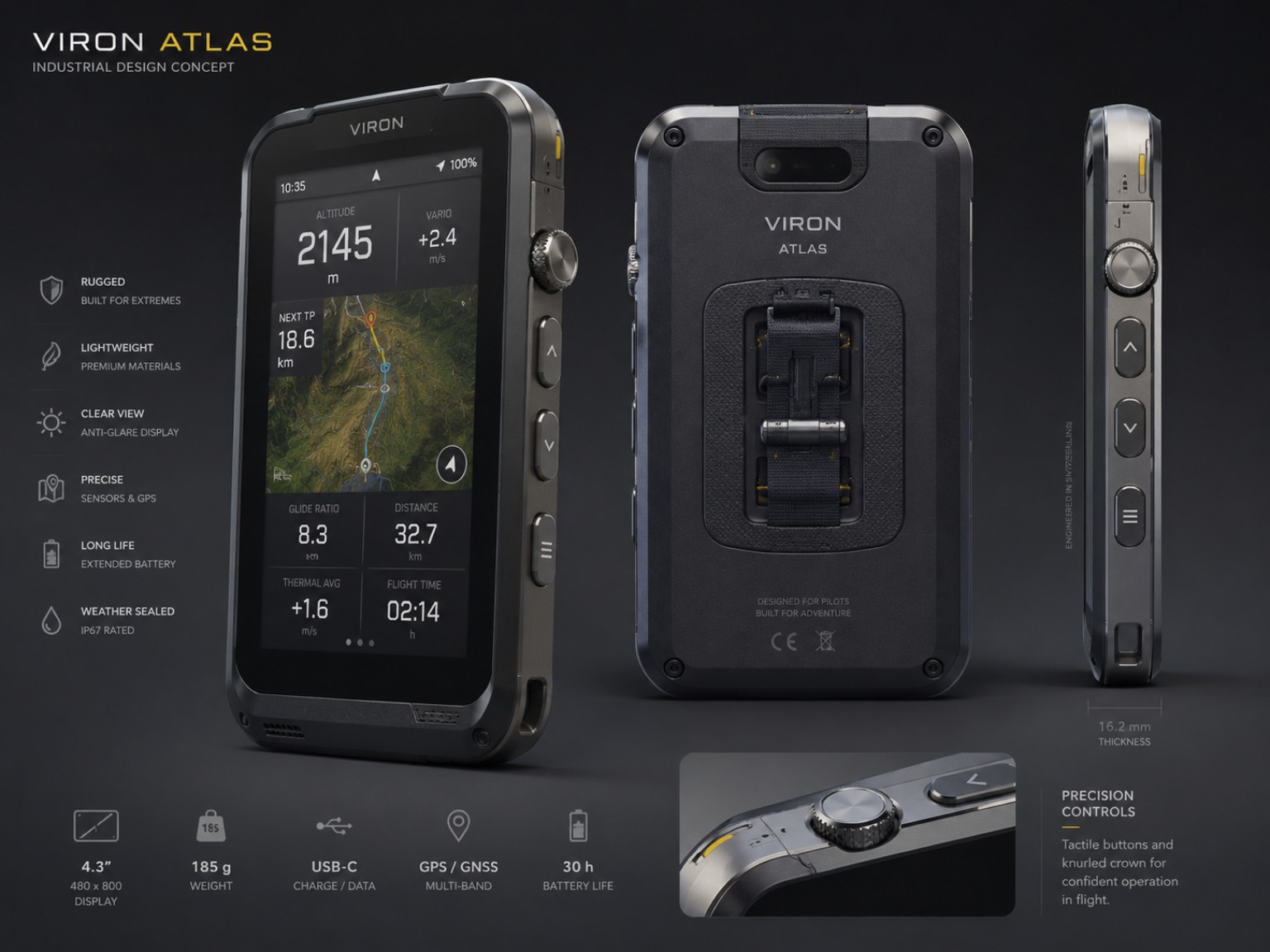 VIRON Atlas industrial design concept board with front, back and side views